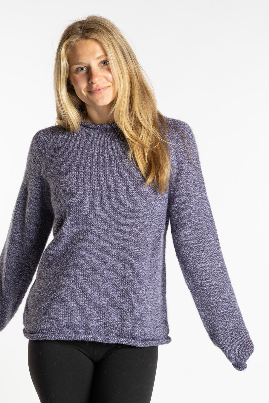 Sophie is wearing the Lilac purple Classic Unisex Alpaca Wool Sweater in size S
