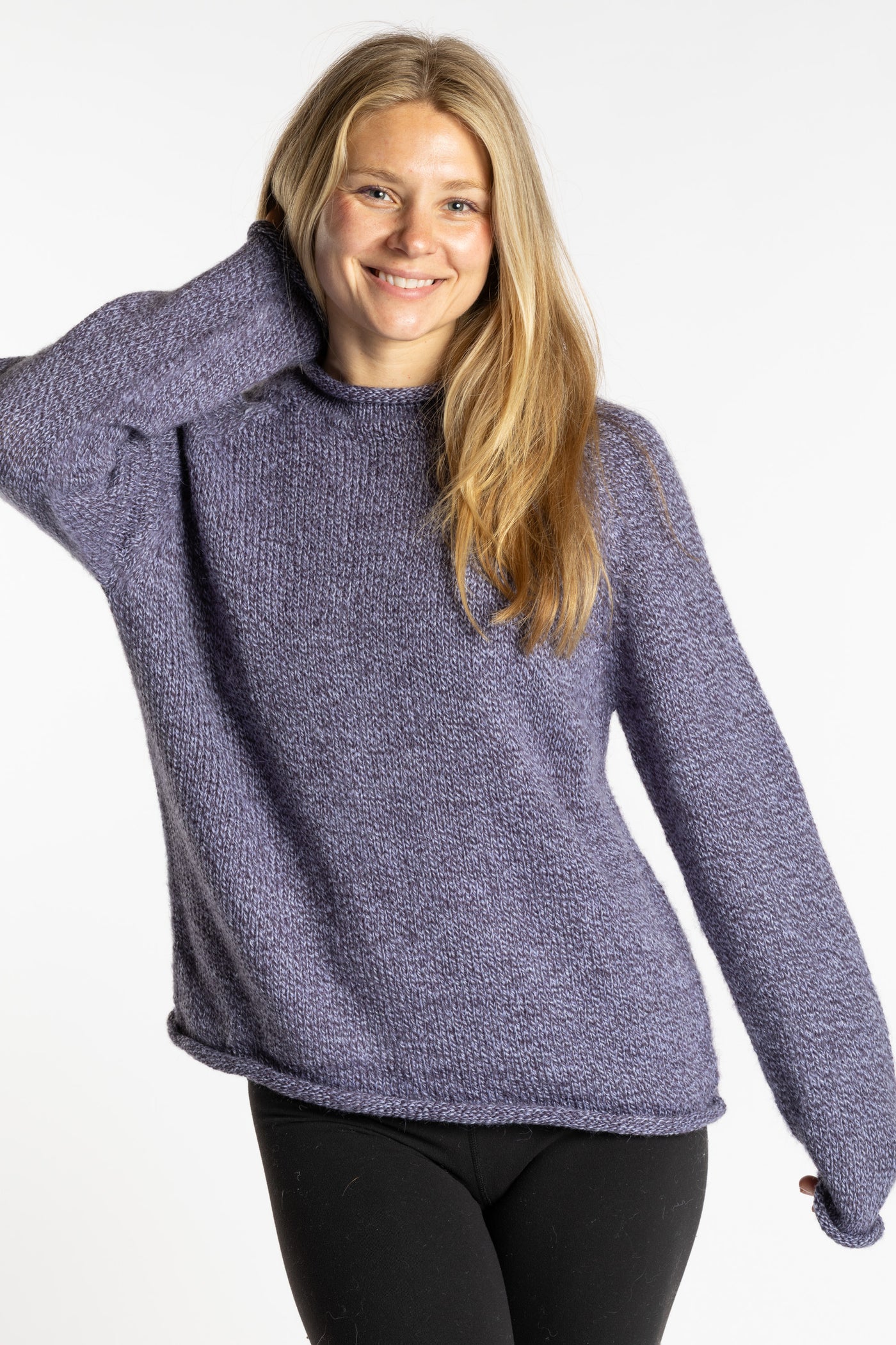 Sophie is wearing the Lilac purple Classic Unisex Alpaca Wool Sweater in size S