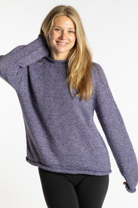 Sophie is wearing the Lilac purple Classic Unisex Alpaca Wool Sweater in size S