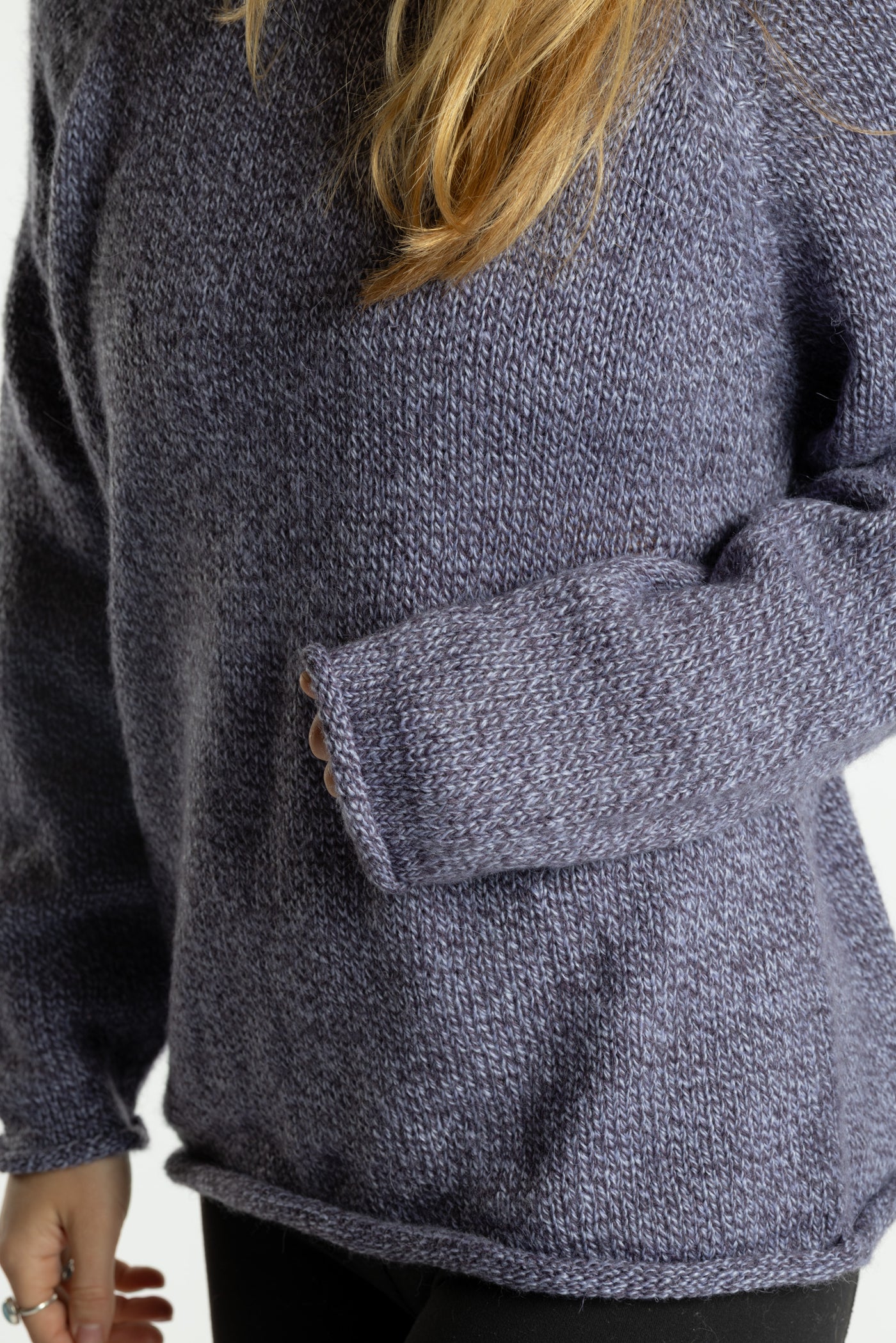 Sophie is wearing the Lilac purple Classic Unisex Alpaca Wool Sweater in size S