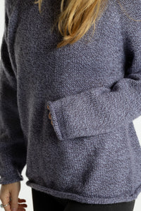 Sophie is wearing the Lilac purple Classic Unisex Alpaca Wool Sweater in size S