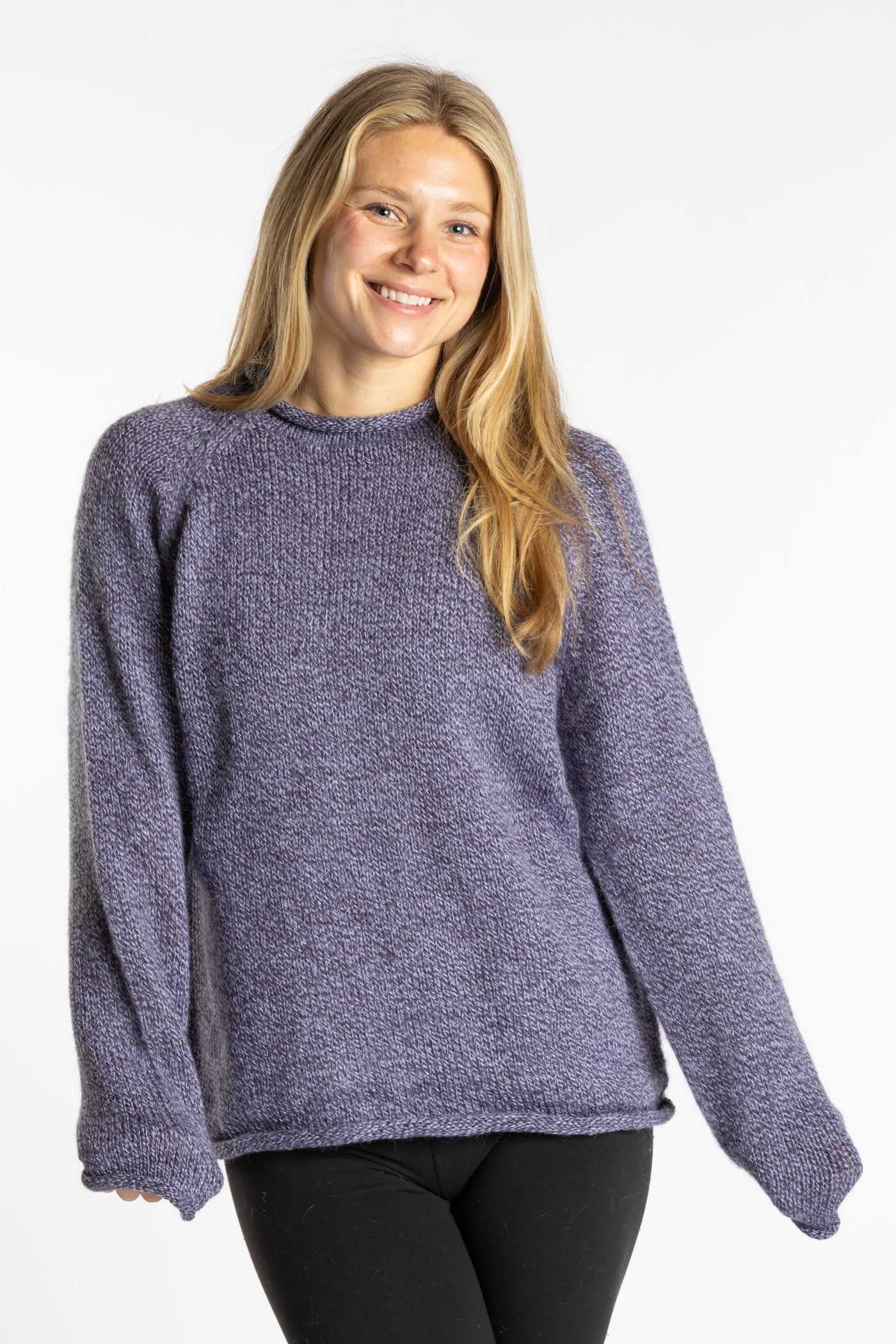 Sophie is wearing the Lilac purple Classic Unisex Alpaca Wool Sweater in size S