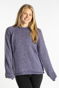 Sophie is wearing the Lilac purple Classic Unisex Alpaca Wool Sweater in size S