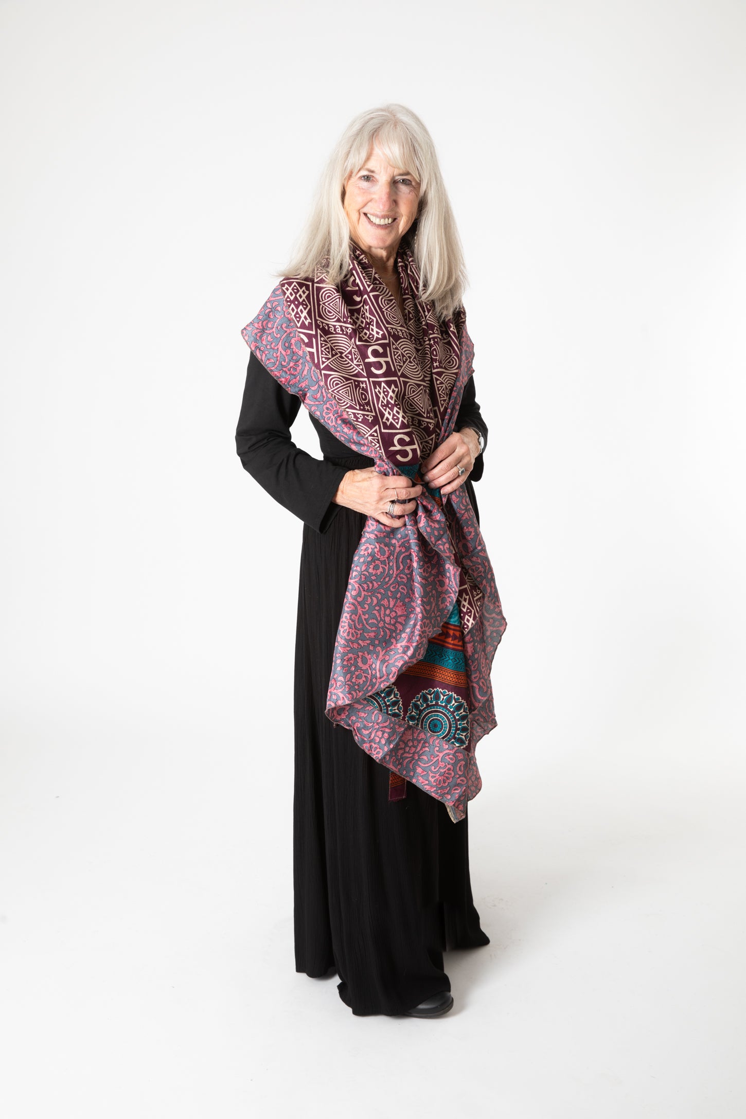 Jane is wearing a silk wrap skirt in dark star