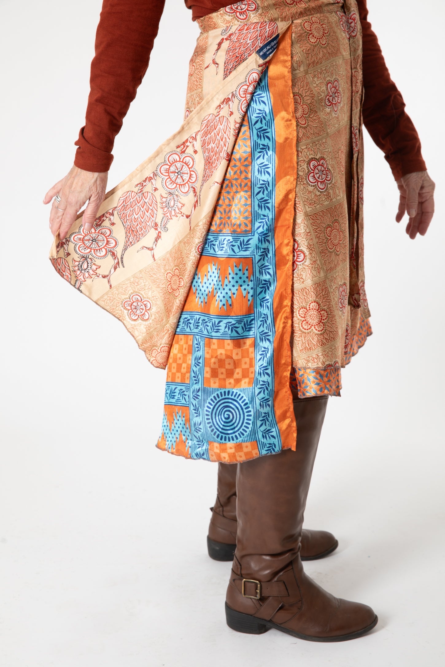 Toni is wearing a silk wrap skirt in jack straw