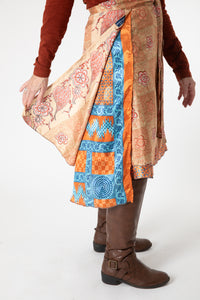 Toni is wearing a silk wrap skirt in jack straw