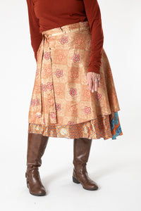 Toni is wearing a silk wrap skirt in jack straw