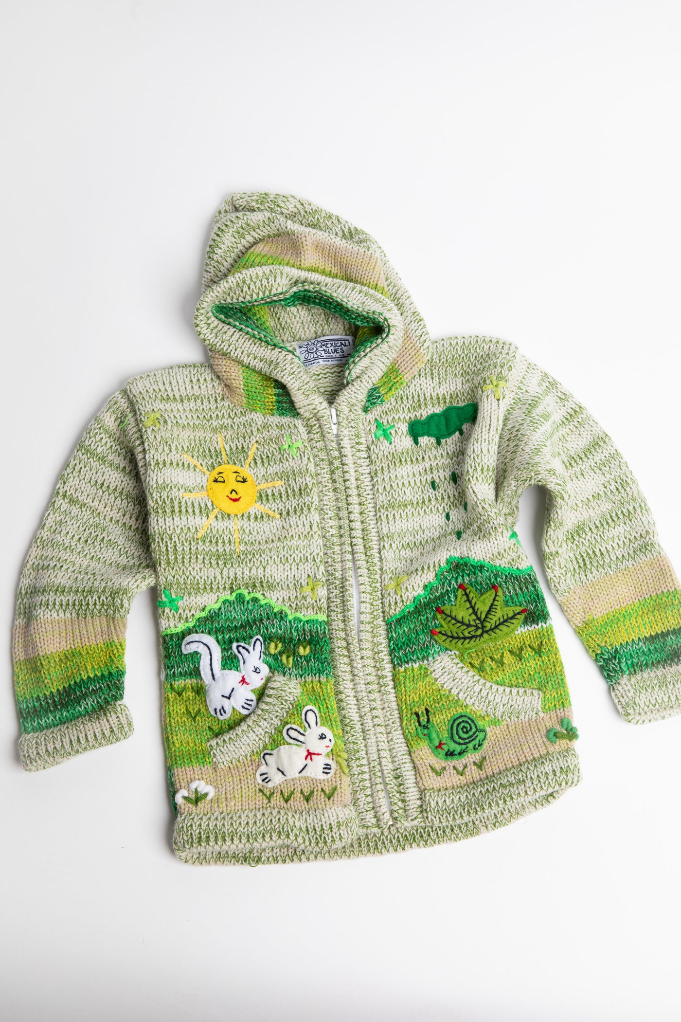 Kids zip up animal sweater in lime space dye