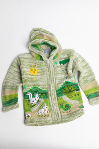 Kids zip up animal sweater in lime space dye