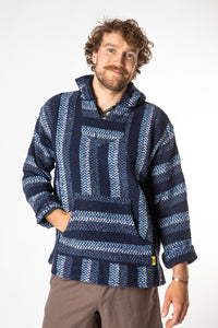 Ryan is wearing size L baja hoodie in navy