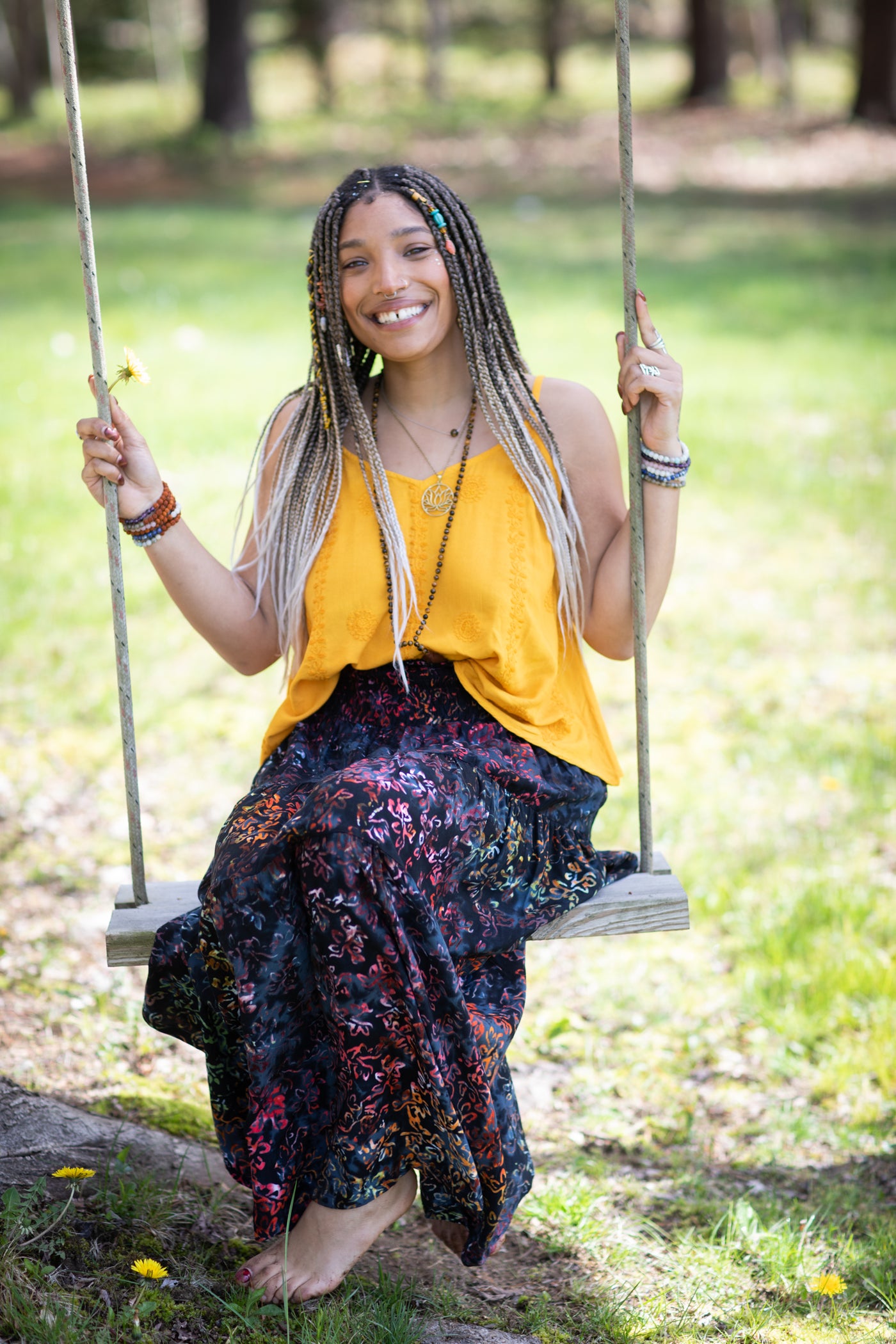 Tenessa is wearing size S/M batik prairie skirt in black hidden butterfly