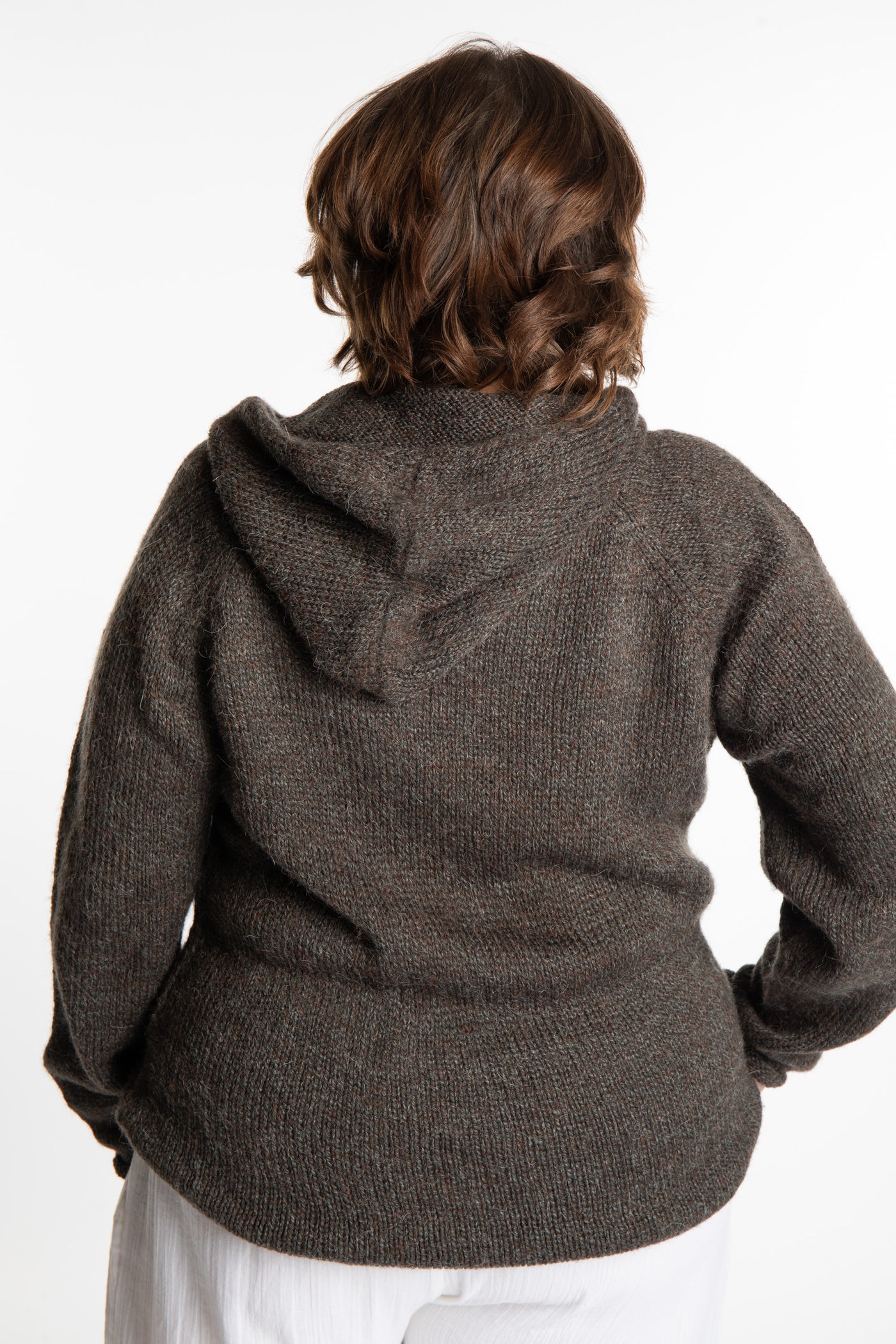 Betty wearing a size Large Ash hooded sweater