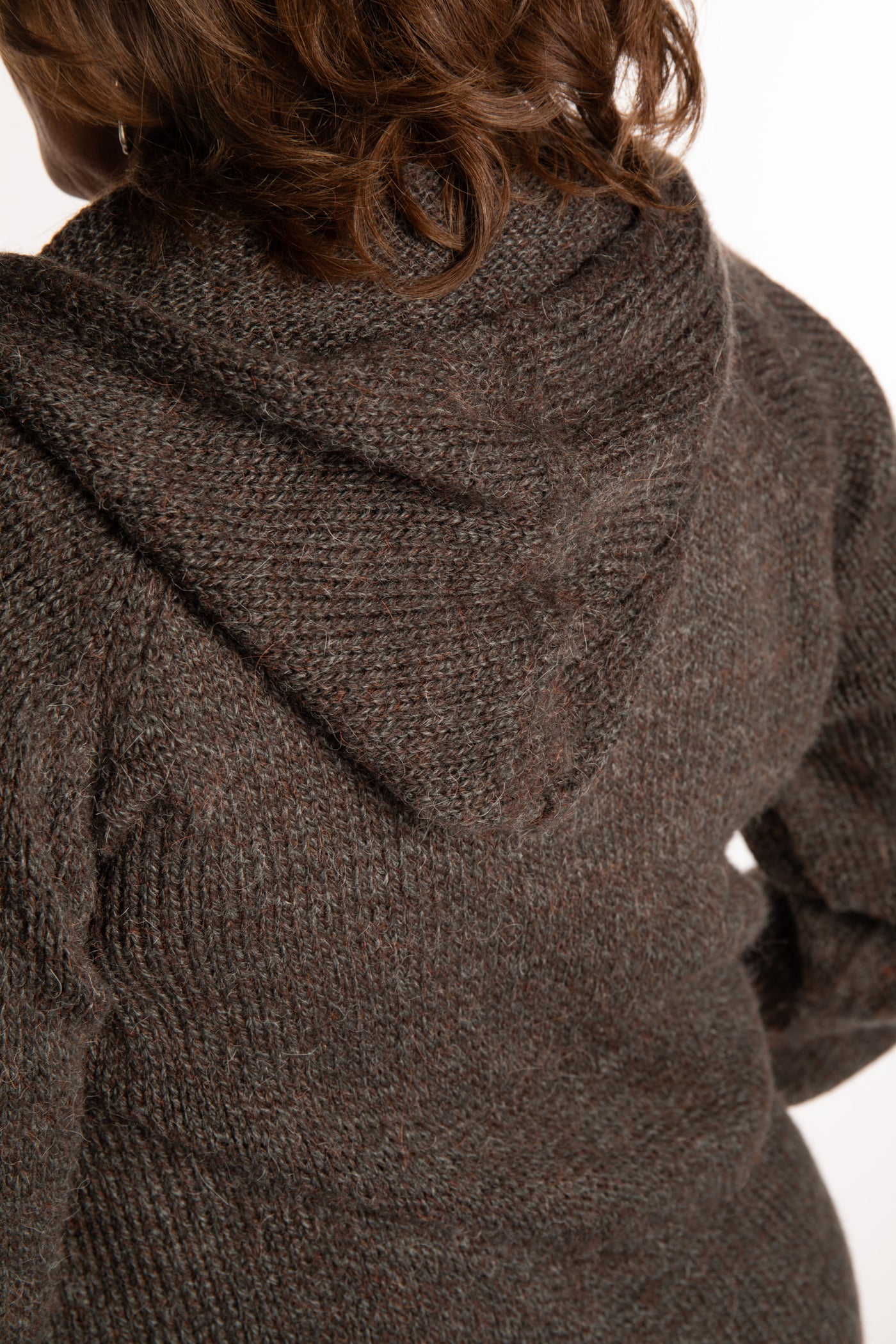 Betty wearing a size Large Ash hooded sweater