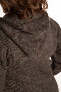 Betty wearing a size Large Ash hooded sweater
