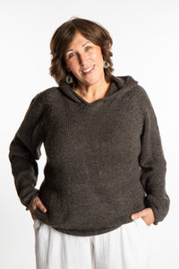 Betty wearing a size Large Ash hooded sweater