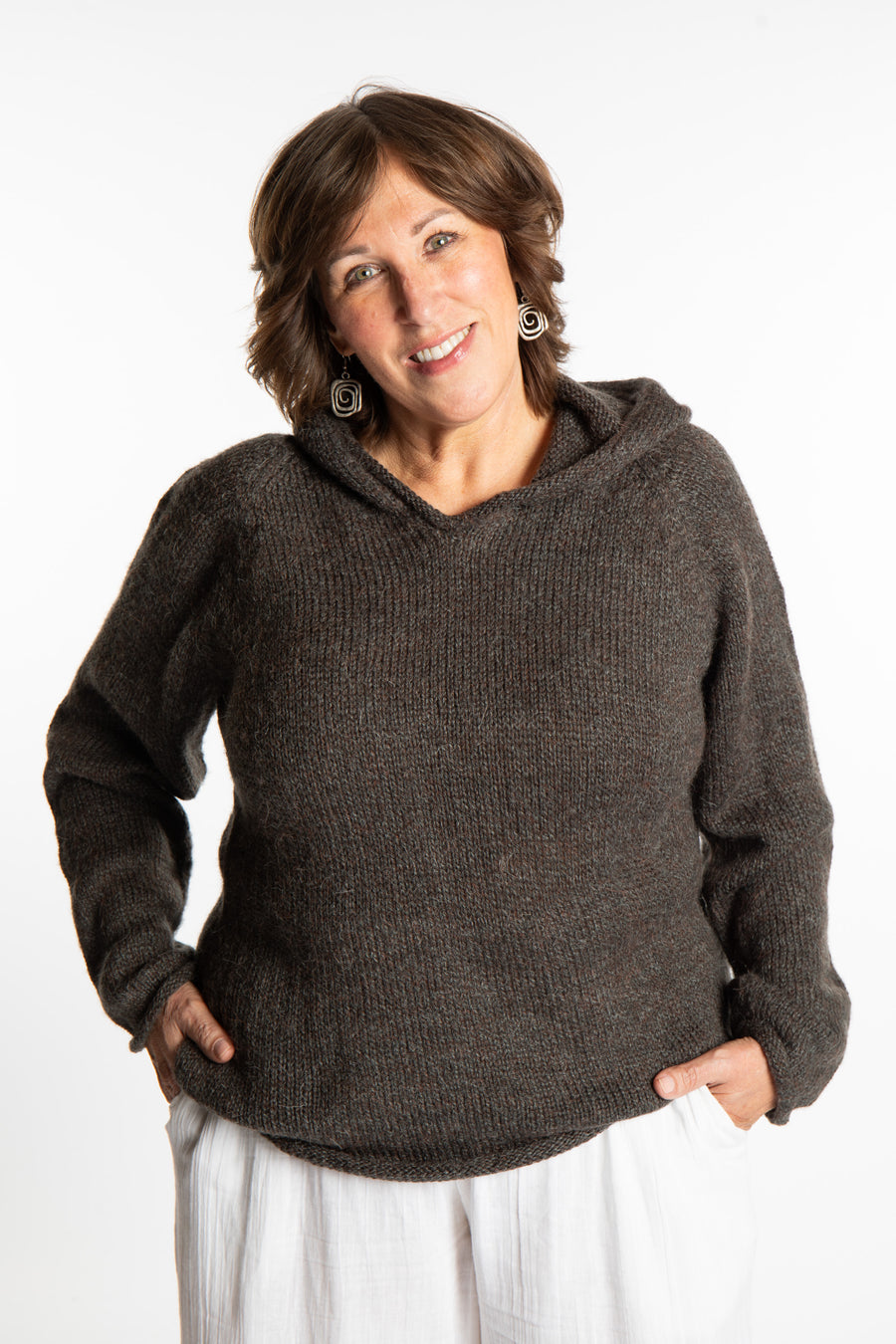 Betty wearing a size Large Ash hooded sweater