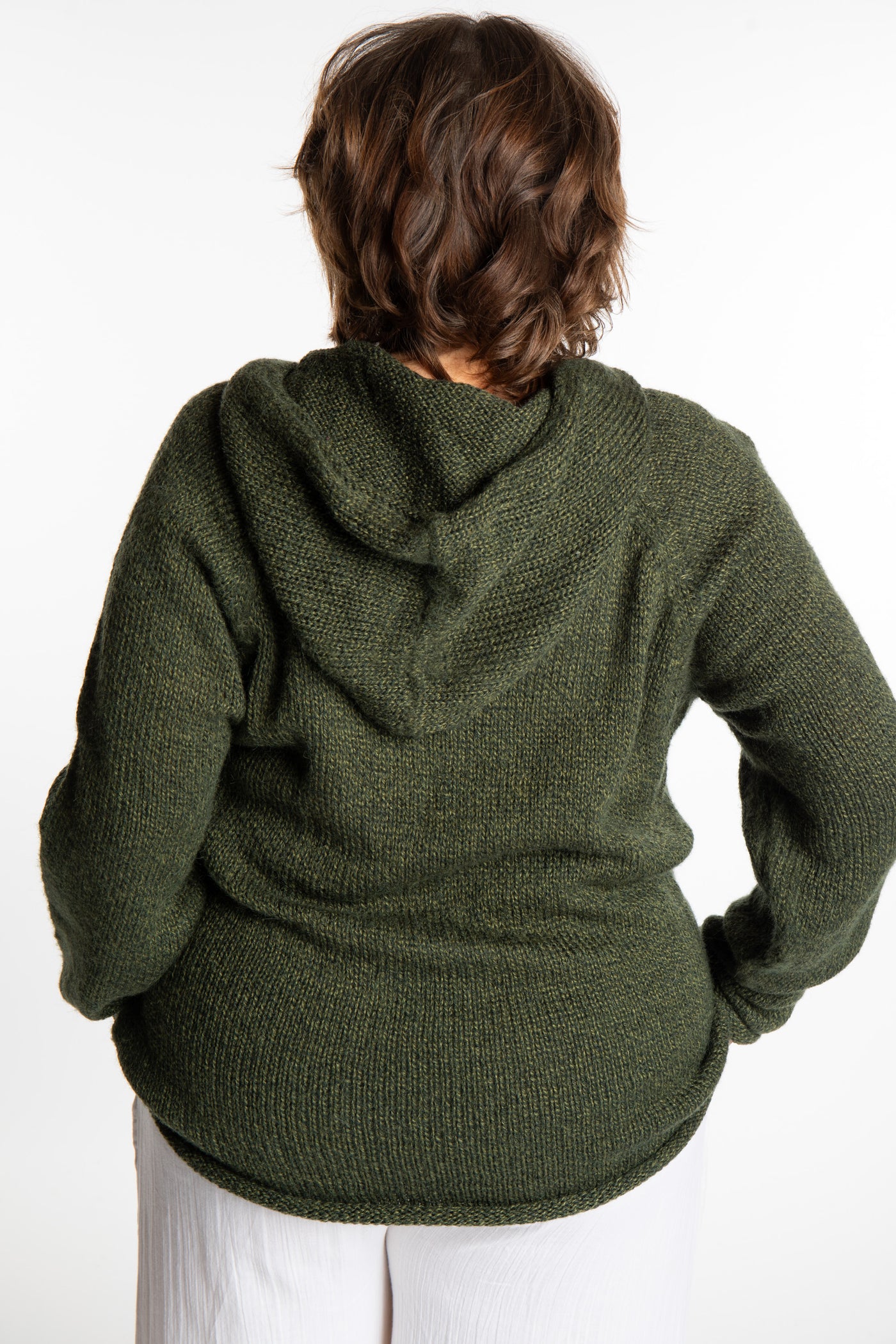 Betty wearing a size Large Pine green hooded sweater