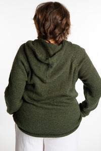 Betty wearing a size Large Pine green hooded sweater