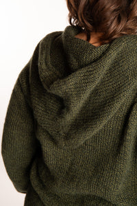 Betty wearing a size Large Pine green hooded sweater