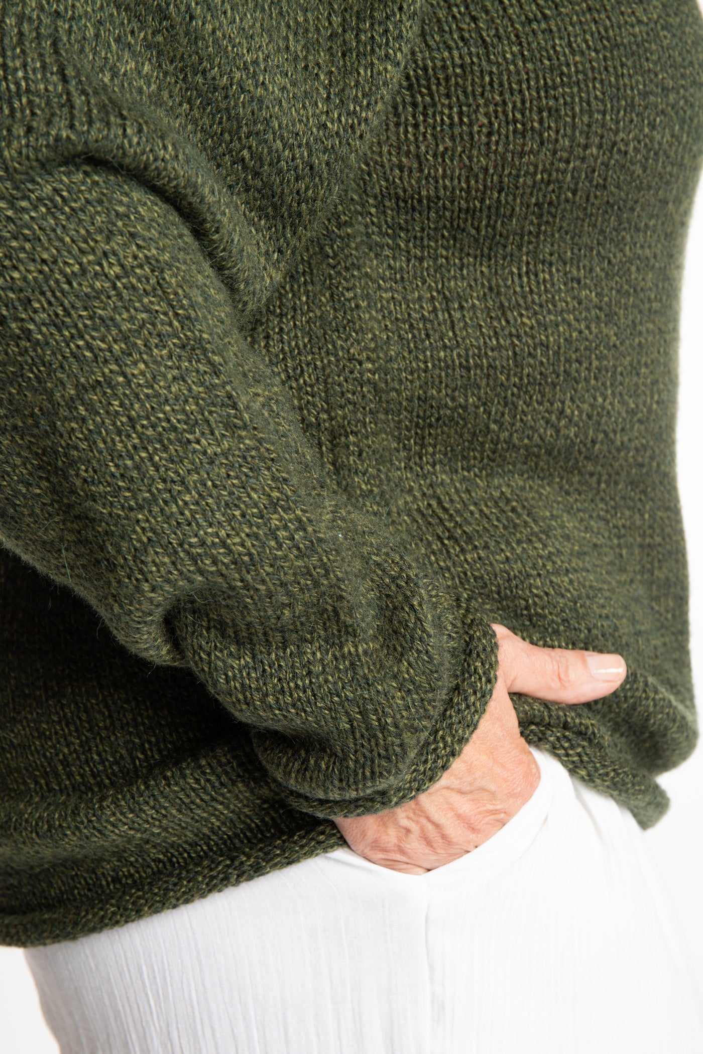 Betty wearing a size Large Pine green hooded sweater