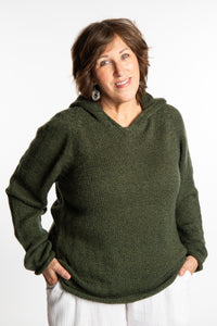 Betty wearing a size Large Pine green hooded sweater