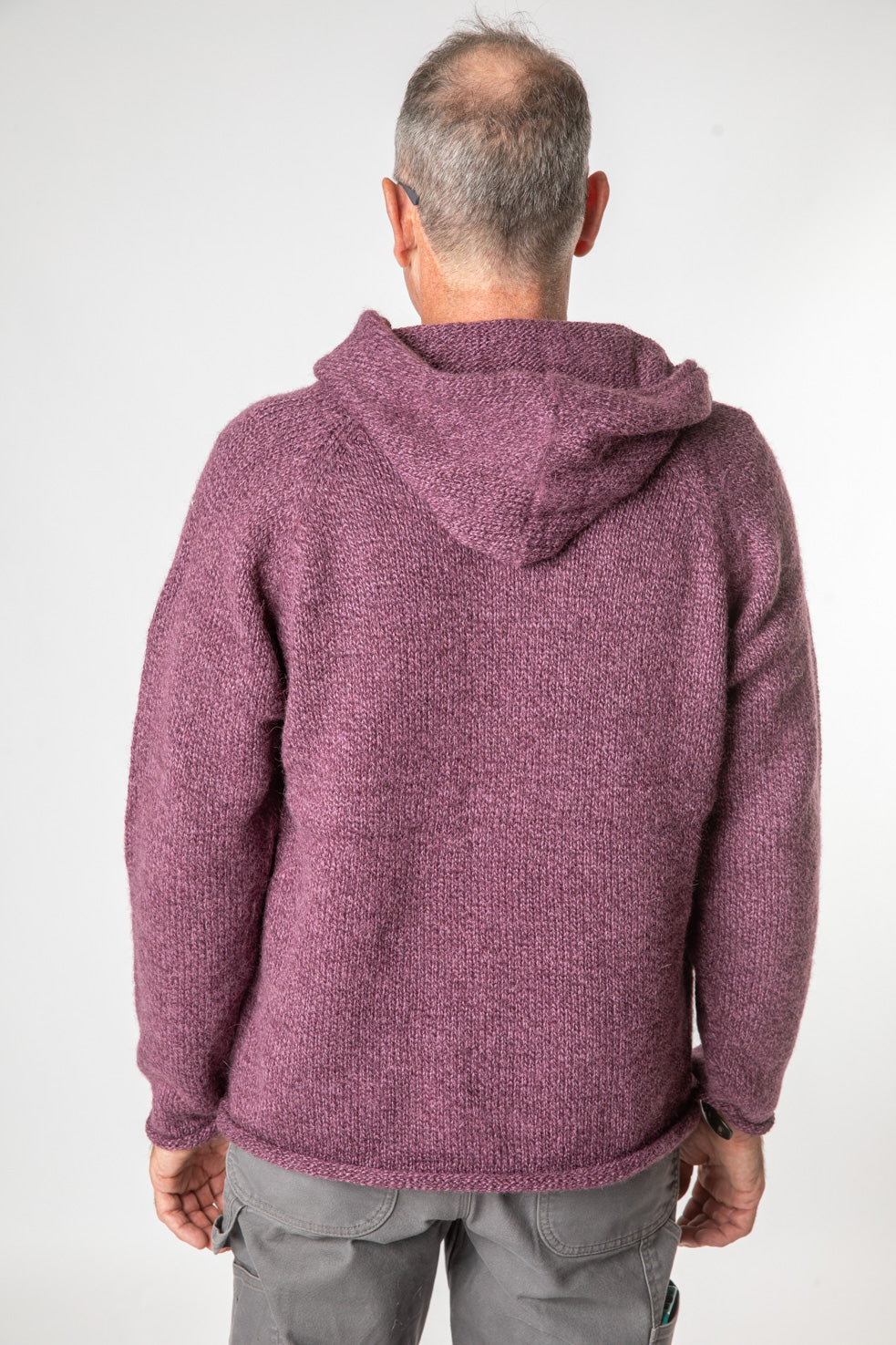 Ross is wearing size L alpaca hoodie in plum