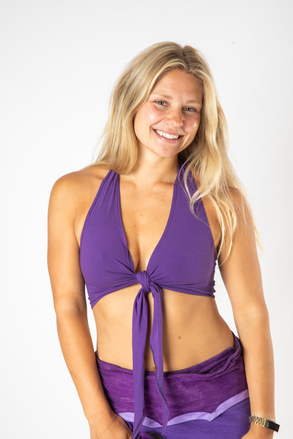Sophie is wearing size S wrap top in plum