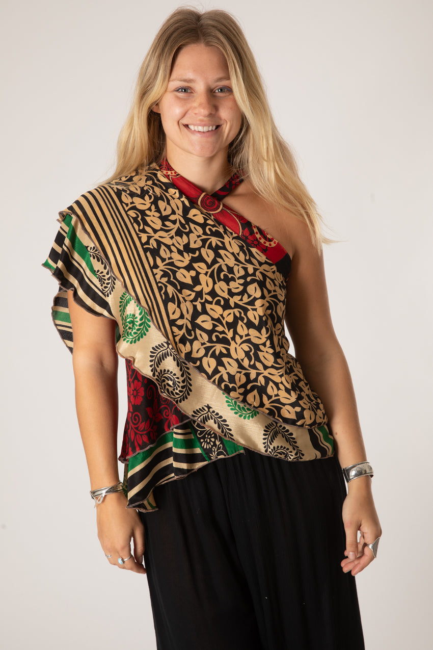 Sophie is wearing a silk wrap skirt in dark star
