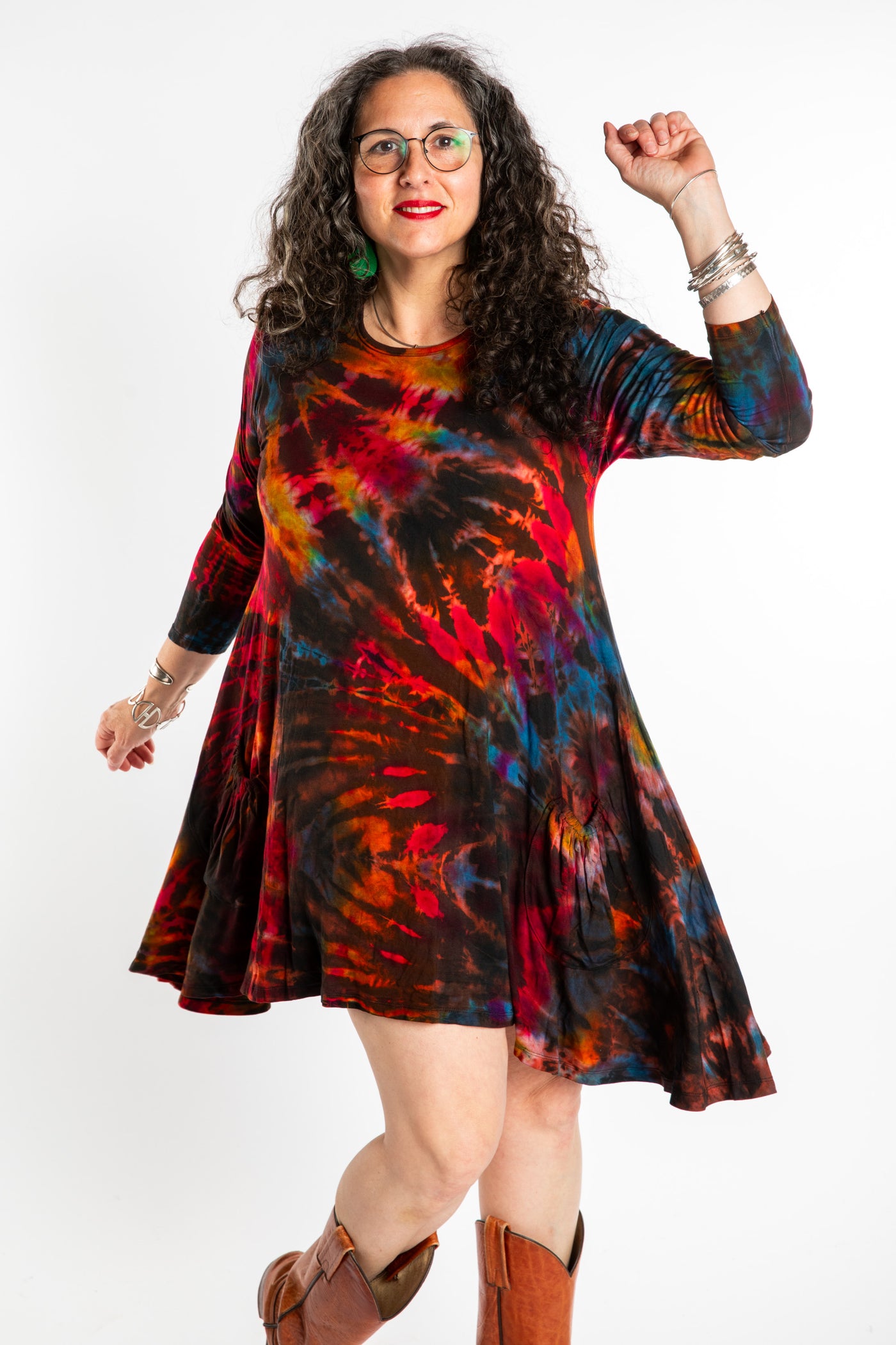 Susan wearing a long sleeve tie dye dress in the color Brown