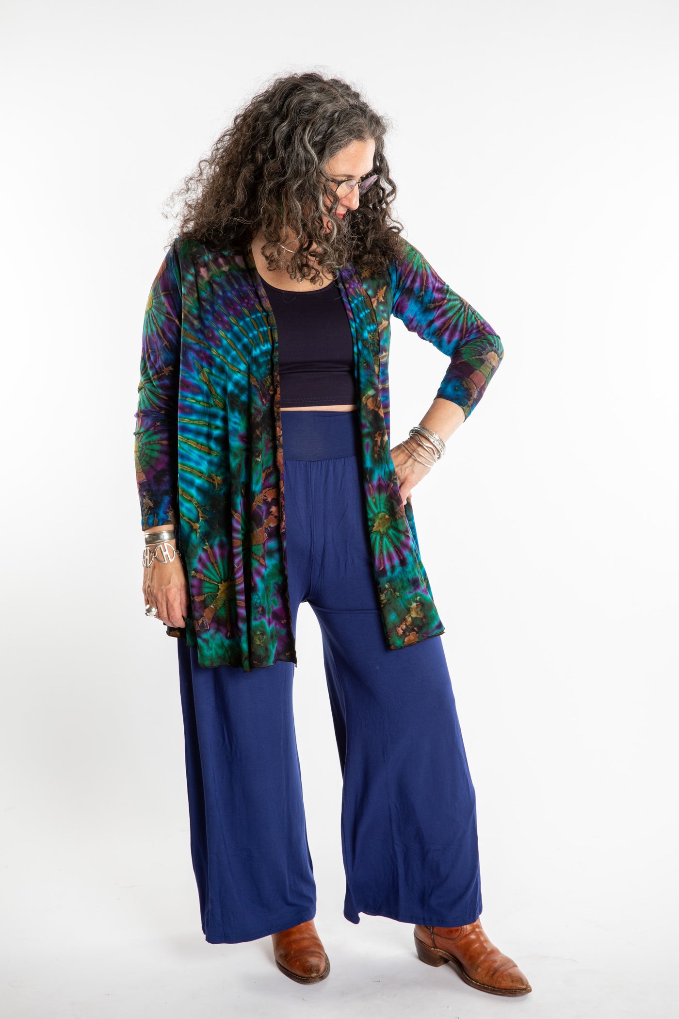 Susan wearing a blue ocean mudmee tie dye cardigan