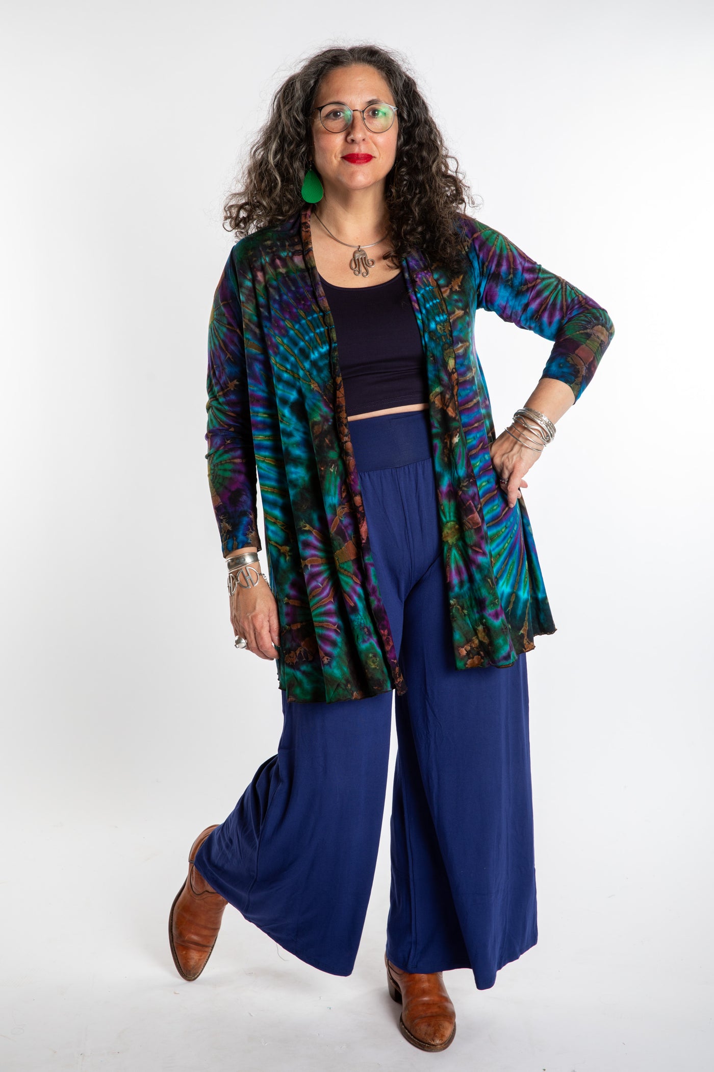 Susan wearing a blue ocean mudmee tie dye cardigan