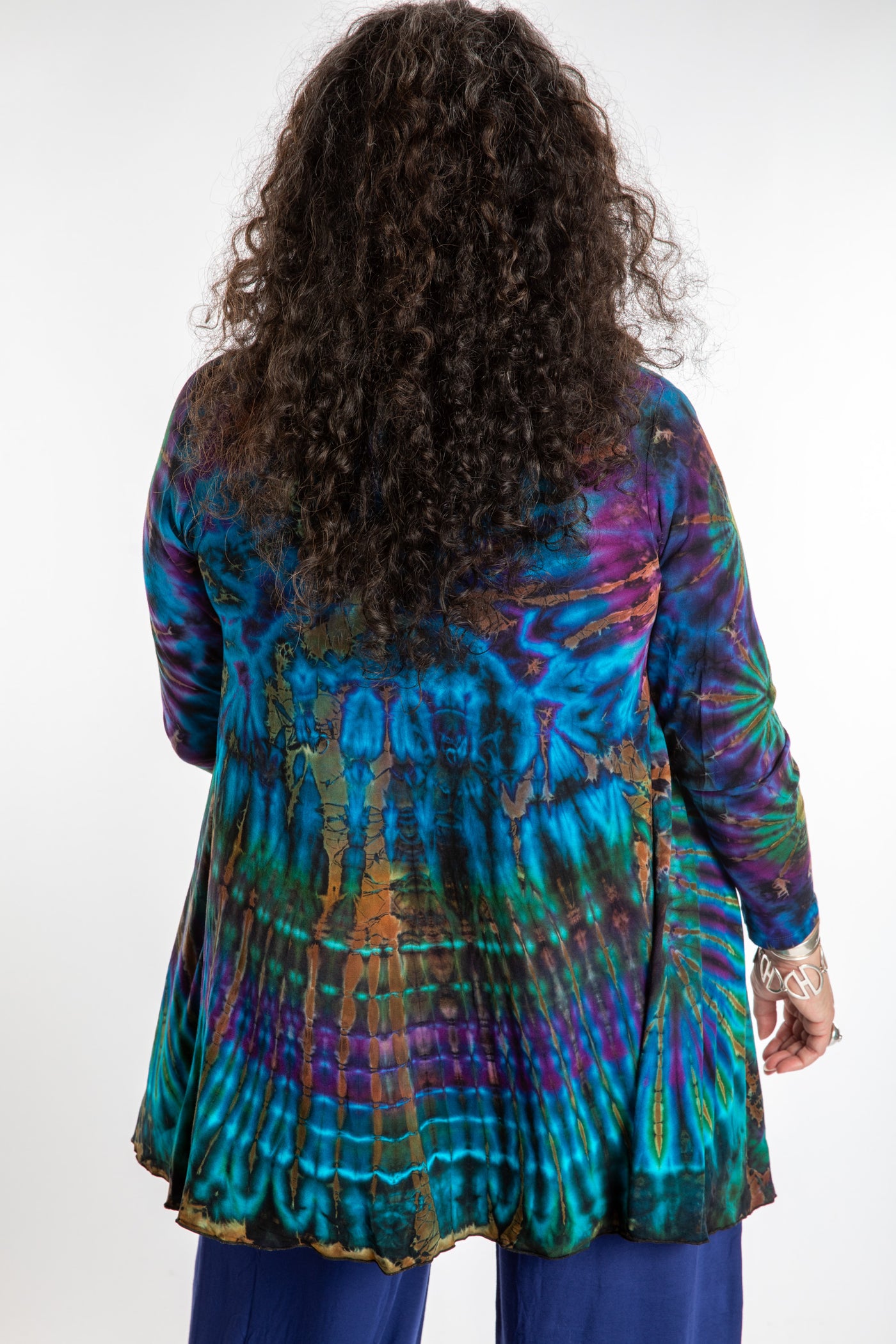 Susan wearing a blue ocean mudmee tie dye cardigan