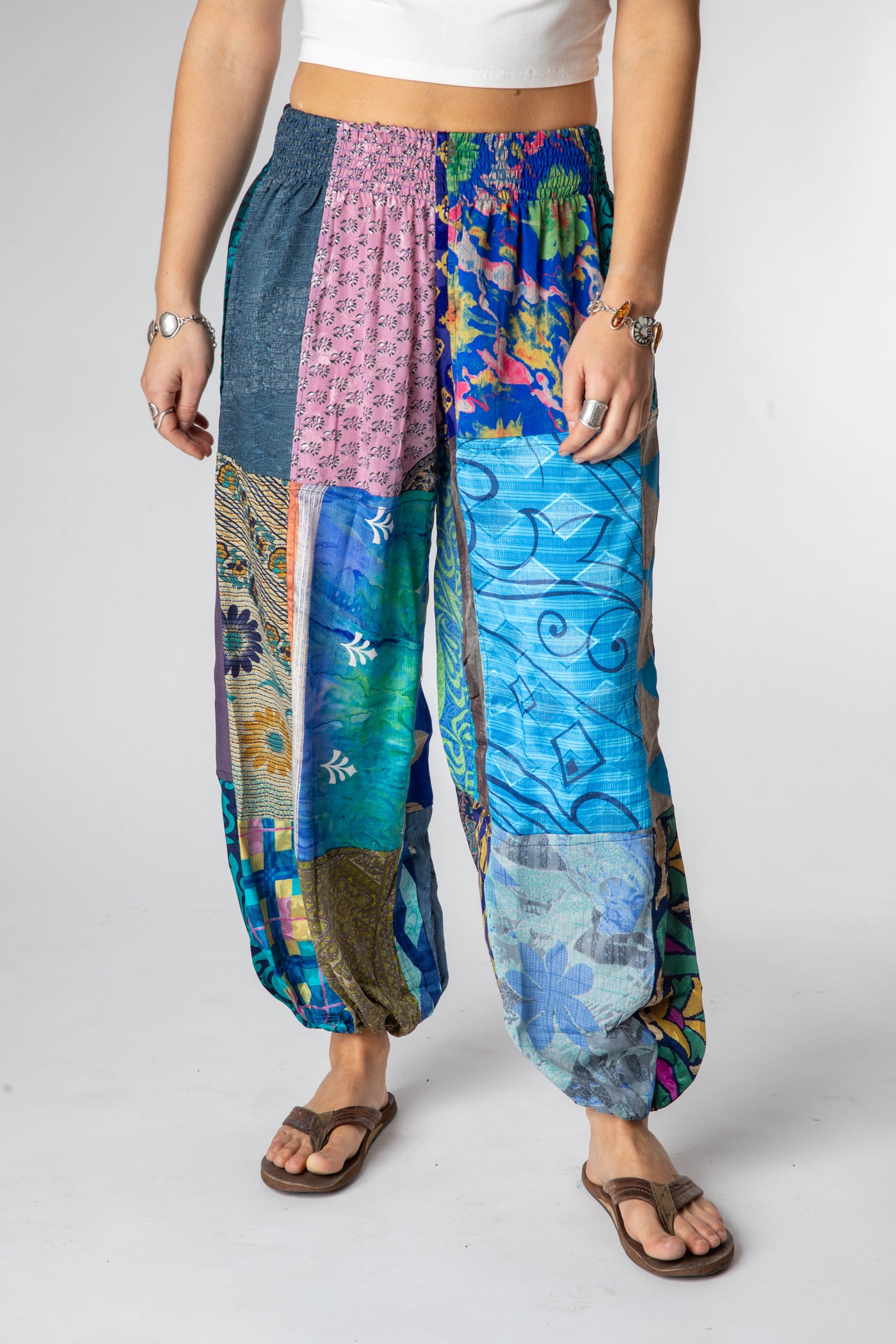 Sophie is wearing size S/M silk patchwork harem pants in morning dew