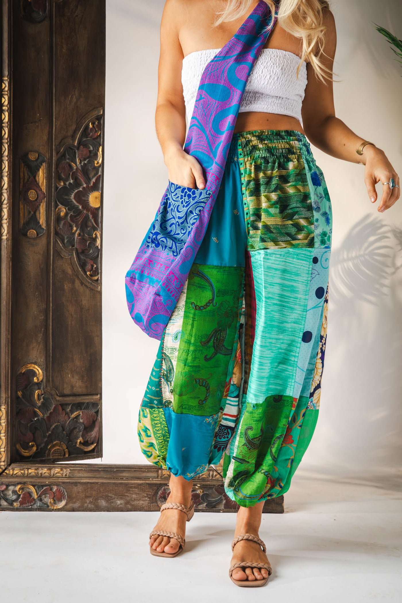 Sophie is wearing size S/M silk patchwork harem pants in morning dew