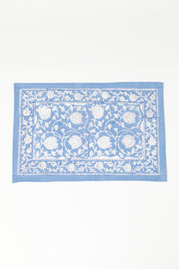 Block print placemat in blue poppies