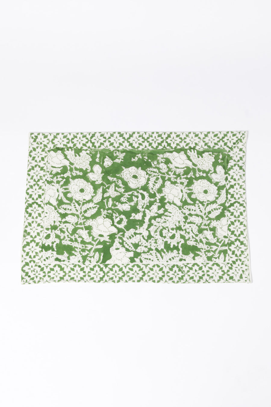 Block print placemat in forest peonies