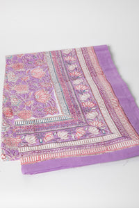 Bohemian block print tapestry in Lavender Floral, folded on white background