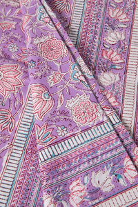 Bohemian block print tapestry in Lavender Floral, folded on white background