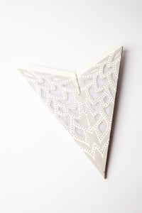 Silver embroidered paper star folded up, out of the package