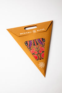 Red and Gold embroidered paper star, folded up, in packaging