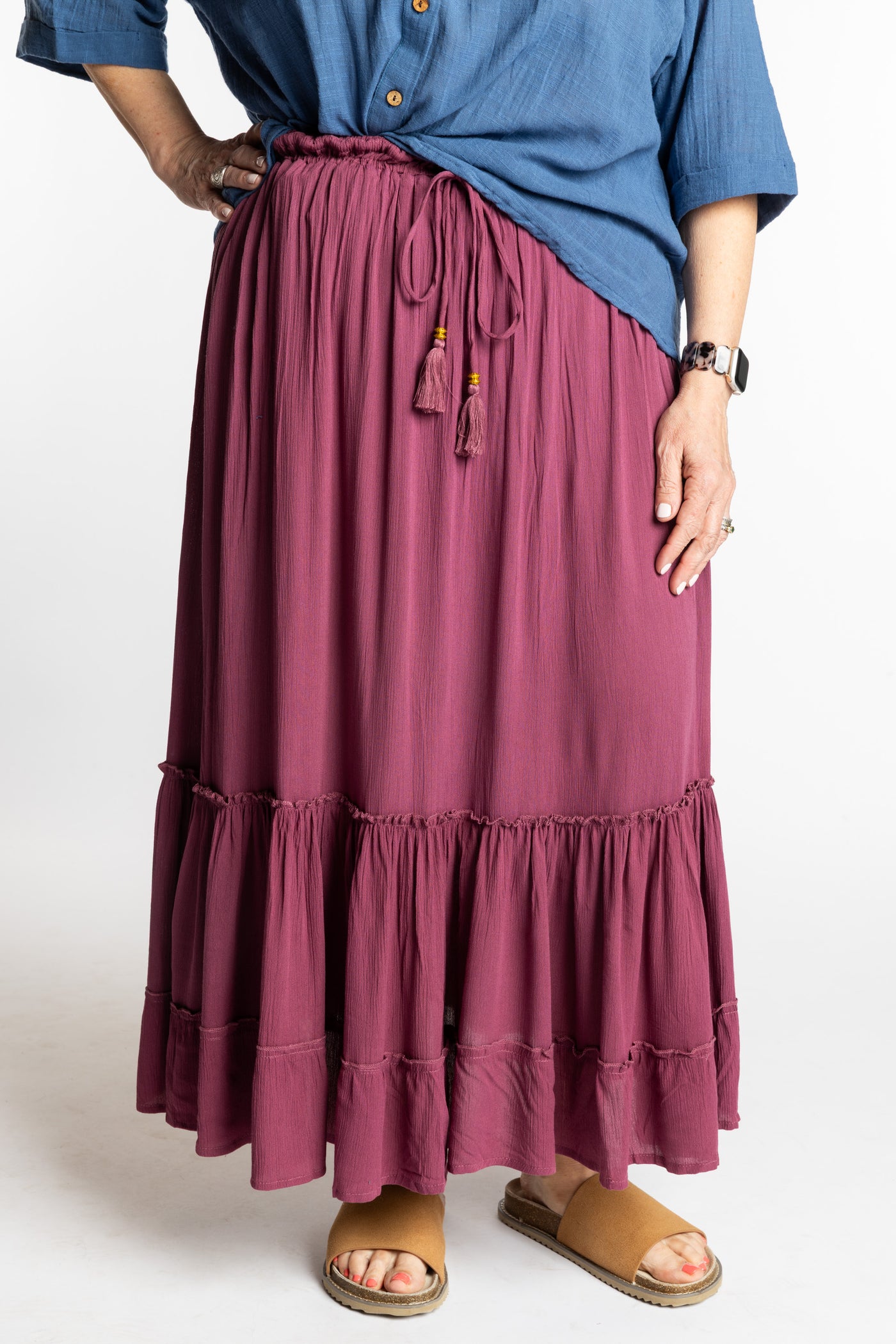 Betty is wearing the Breezy Bliss Boho Prairie Skirt in Lilac