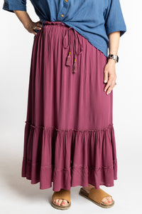 Betty is wearing the Breezy Bliss Boho Prairie Skirt in Lilac