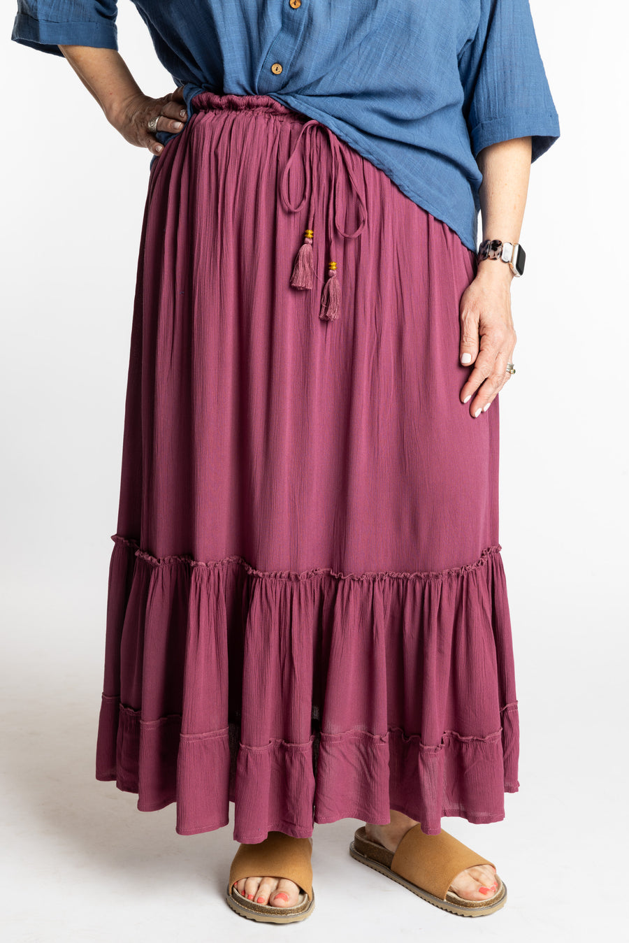 Betty is wearing the Breezy Bliss Boho Prairie Skirt in Lilac