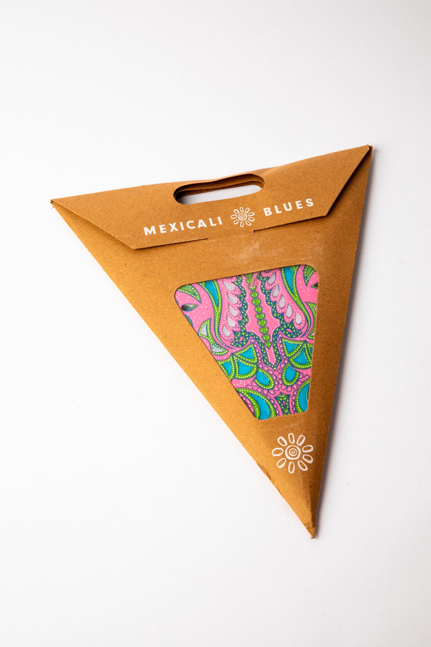 Pink and Green embroidered paper star, folded up, in packaging
