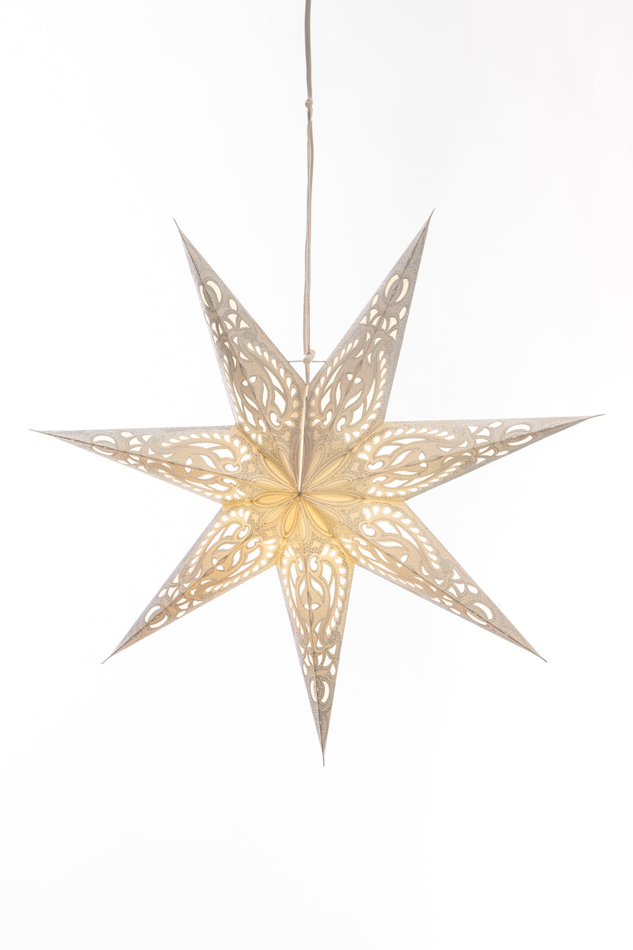 A white 7-point star lantern with an intricate design in front of a white backdrop. Light kit sold separately.