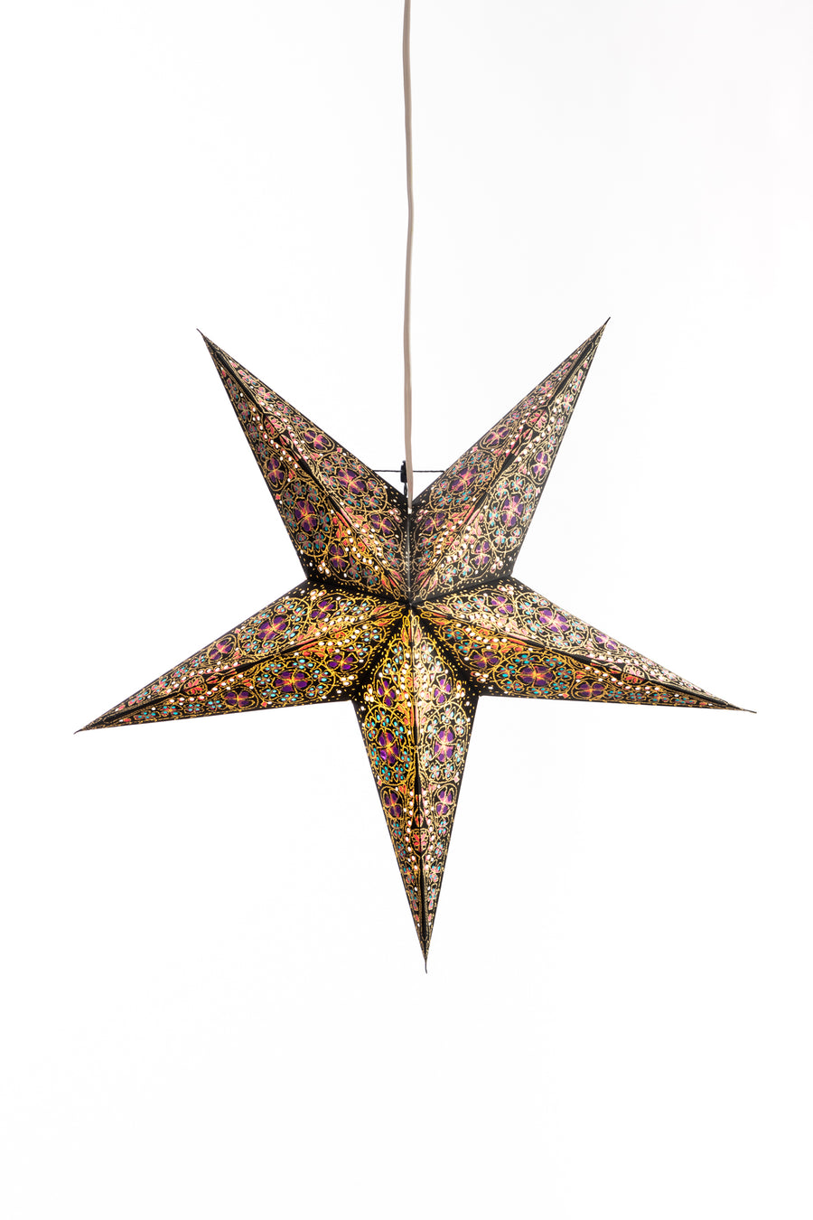 Embroidered paper star lantern in pink and black