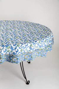 Round block print tablecloth in blue and green vines