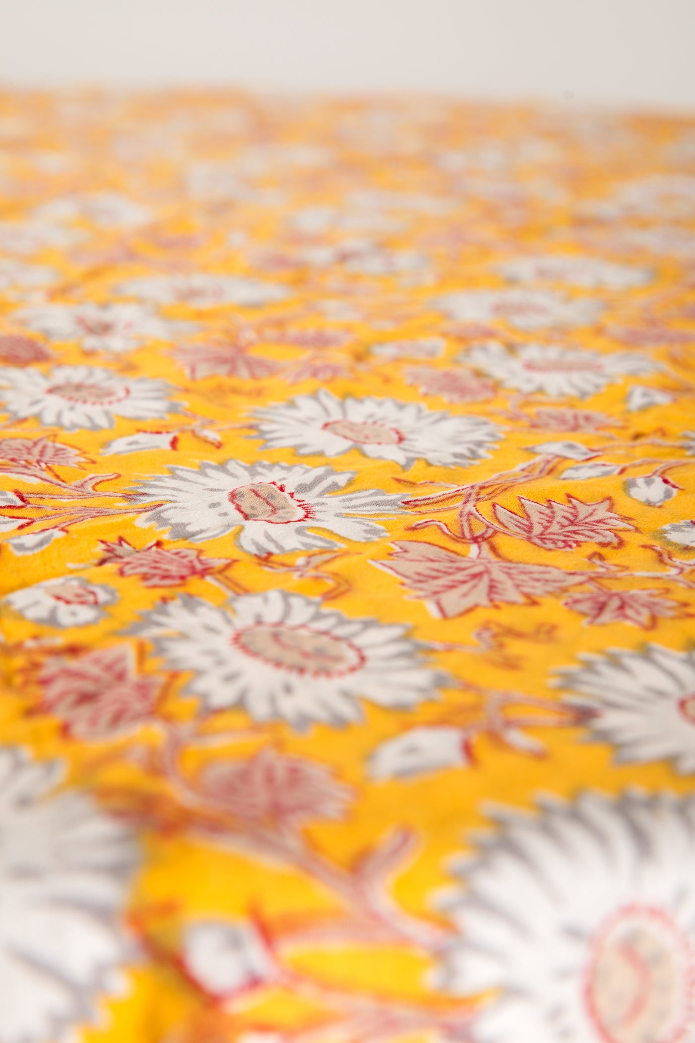 Round block print tablecloth in halcyon daydream