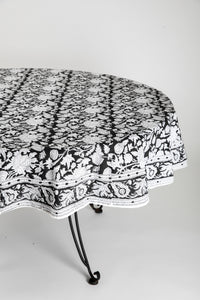 Round block print tablecloth in monochrome grove