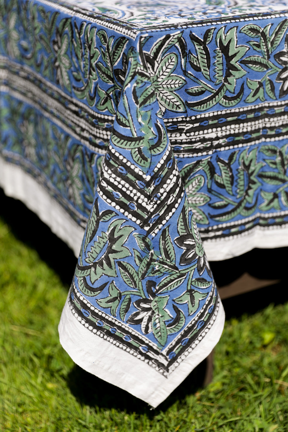 Block print tablecloth in bluegreen